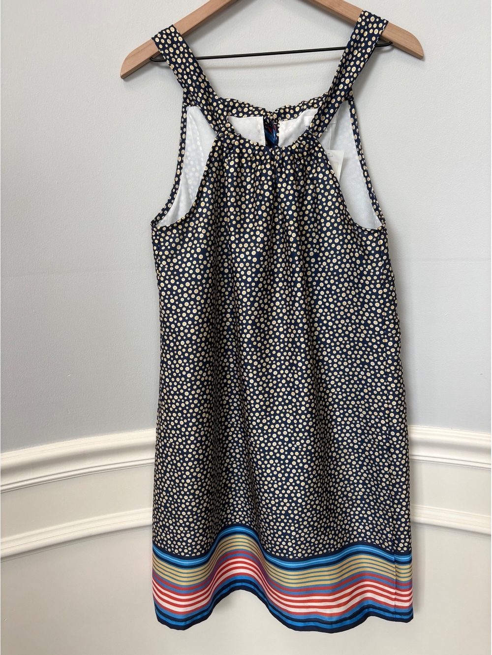 Jade Melody Tam Dotted Border Hem Halter Dress Navy Blue Striped Size S 38" NWT